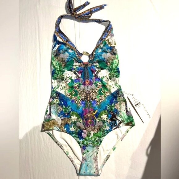 NWT Auc CAMILLA HALTER ONE PIECE "Moon Garden" o ring detail SWIMSUIT XS - Picture 6 of 12